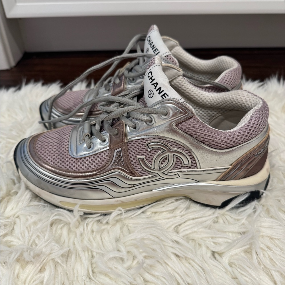 CHANEL Women's Metallic Silver and Pink Sneakers - Picture 6 of 9